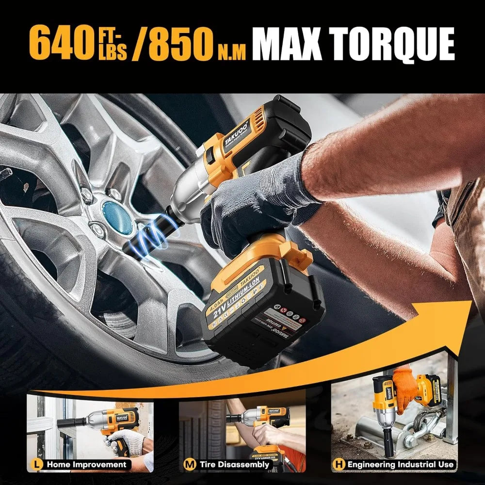 Cordless 1/2 inch Brushless Impact Wrench, Max Torque (850N.m) 640Ft-lbs Electric Impact Gun w/2x 4000mAh Battery, Charger