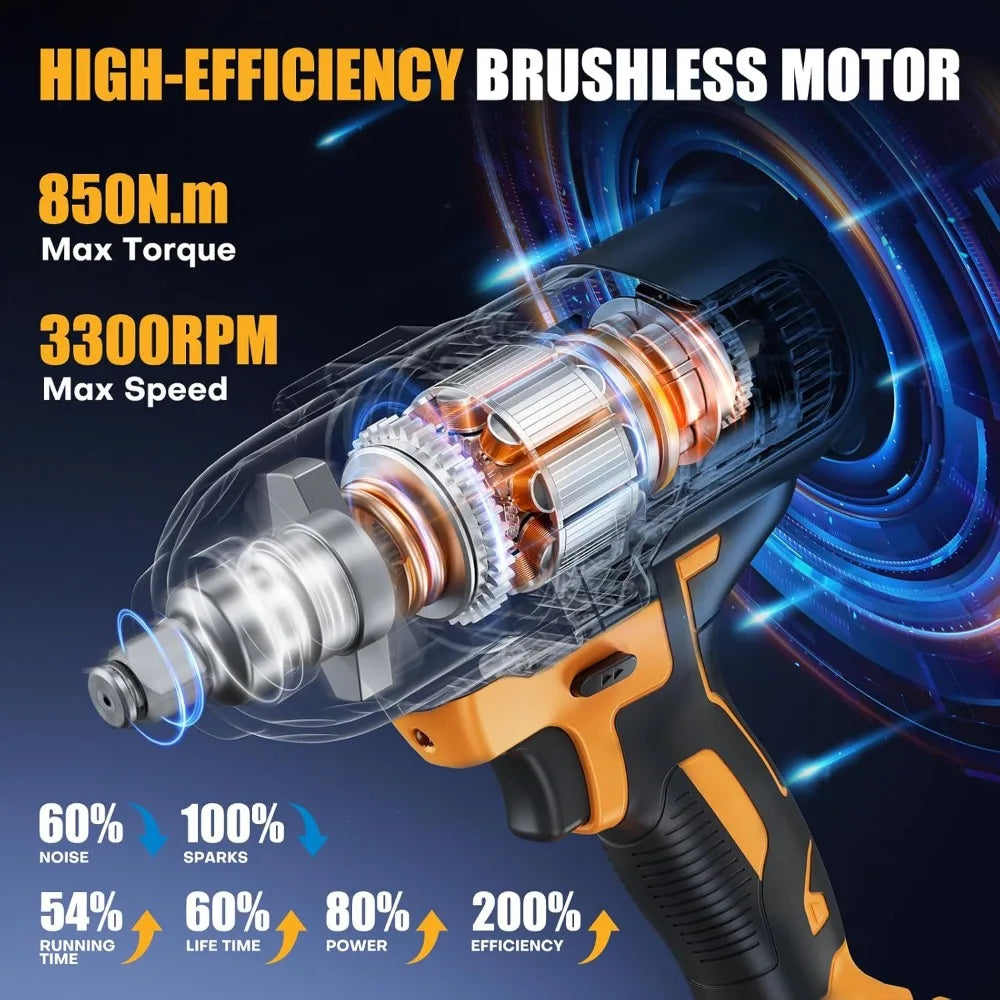 Cordless 1/2 inch Brushless Impact Wrench, Max Torque (850N.m) 640Ft-lbs Electric Impact Gun w/2x 4000mAh Battery, Charger