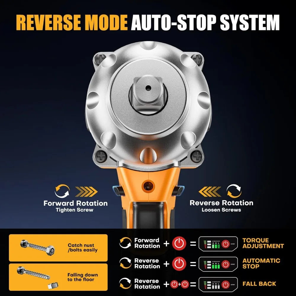 Cordless 1/2 inch Brushless Impact Wrench, Max Torque (850N.m) 640Ft-lbs Electric Impact Gun w/2x 4000mAh Battery, Charger
