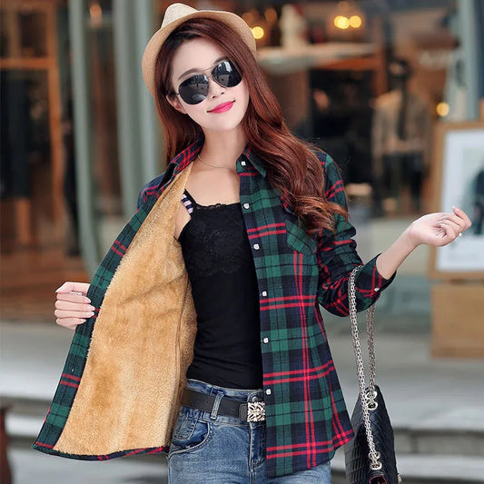 Women Velvet Thicke Plaid Shirt Style Coat