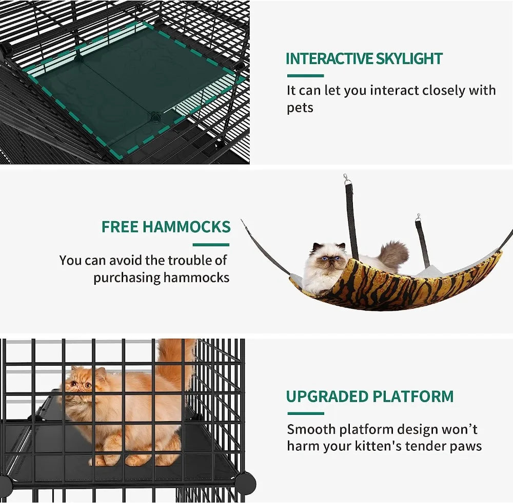 Cat Enclosure with Hammock - Large Metal Wire Playpen Kennel for 1-3 Cats - Tool Traction