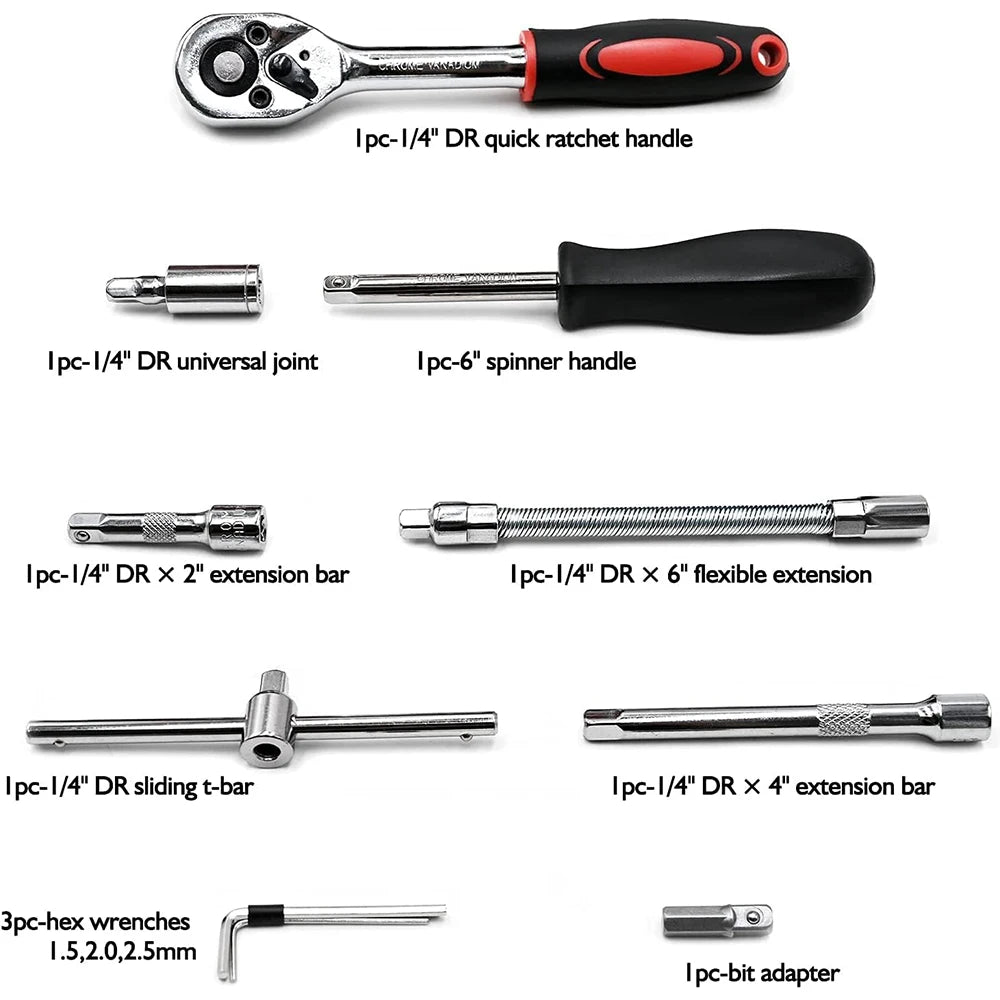 Socket Set 1/4 inch Ratchet Wrench Set 46pc with Sockets Metric Hex Bit Socket - Tool Traction