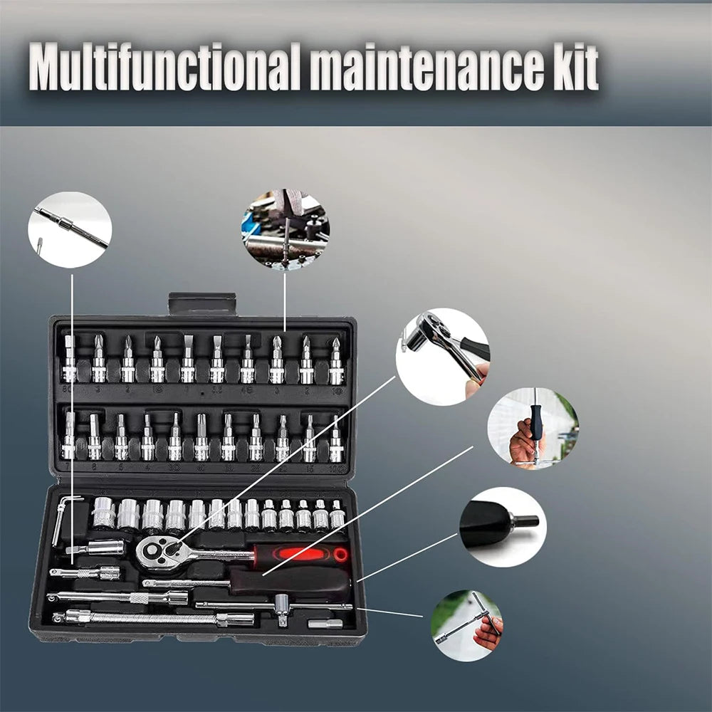 Socket Set 1/4 inch Ratchet Wrench Set 46pc with Sockets Metric Hex Bit Socket - Tool Traction