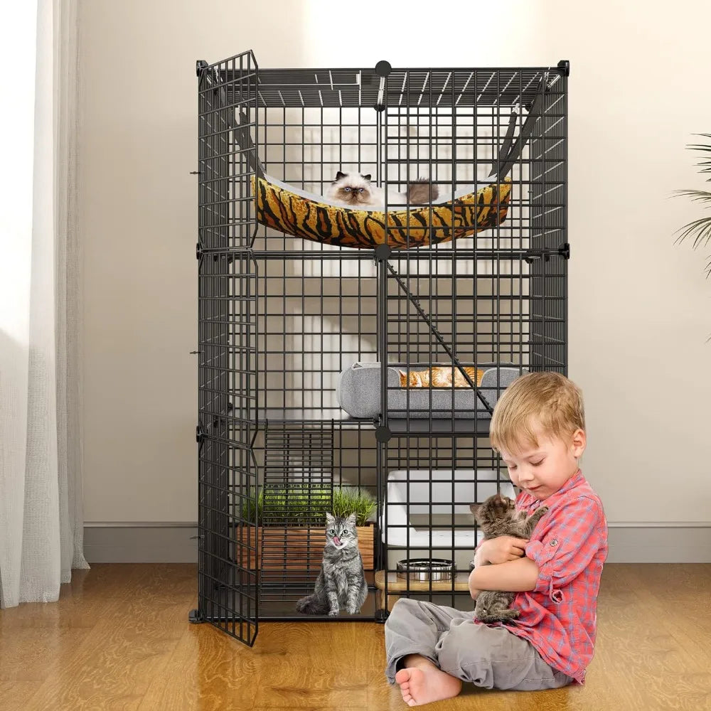 Cat Enclosure with Hammock - Large Metal Wire Playpen Kennel for 1-3 Cats - Tool Traction