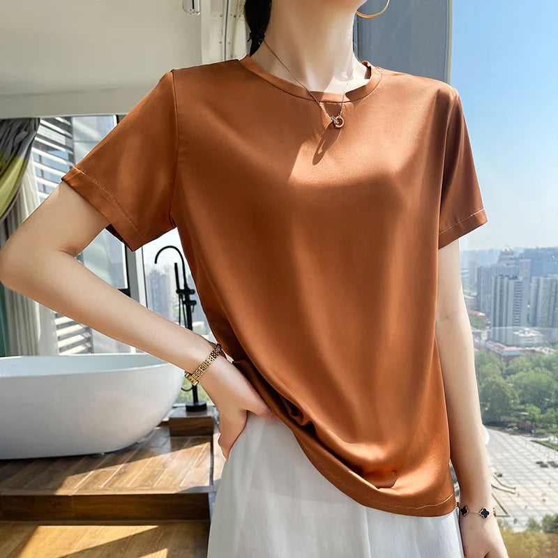 Satin T-Shirt Women's round Neck