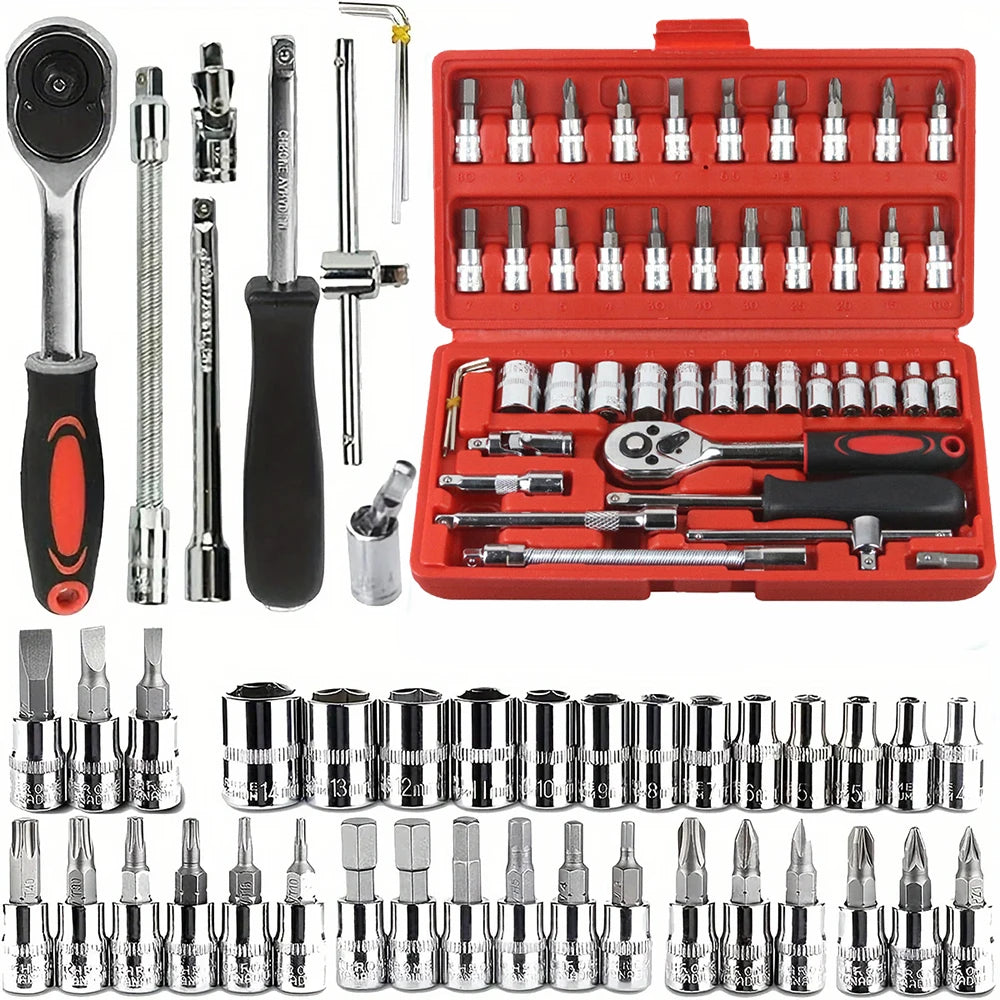 Socket Set 1/4 inch Ratchet Wrench Set 46pc with Sockets Metric Hex Bit Socket - Tool Traction